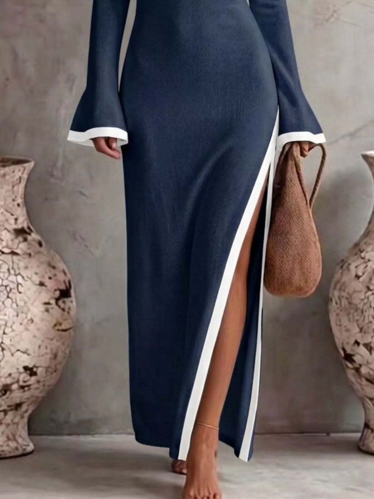 One-Shoulder Contrast Trim Maxi Dress