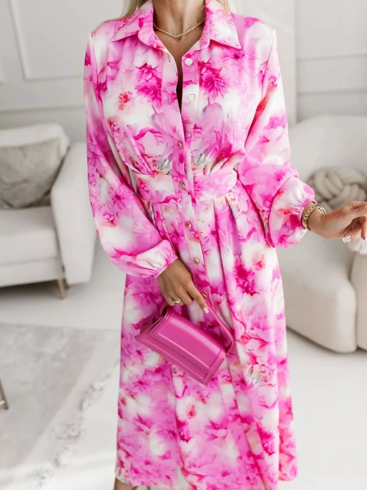 Long Sleeve Ruched Maxi Shirt Dress