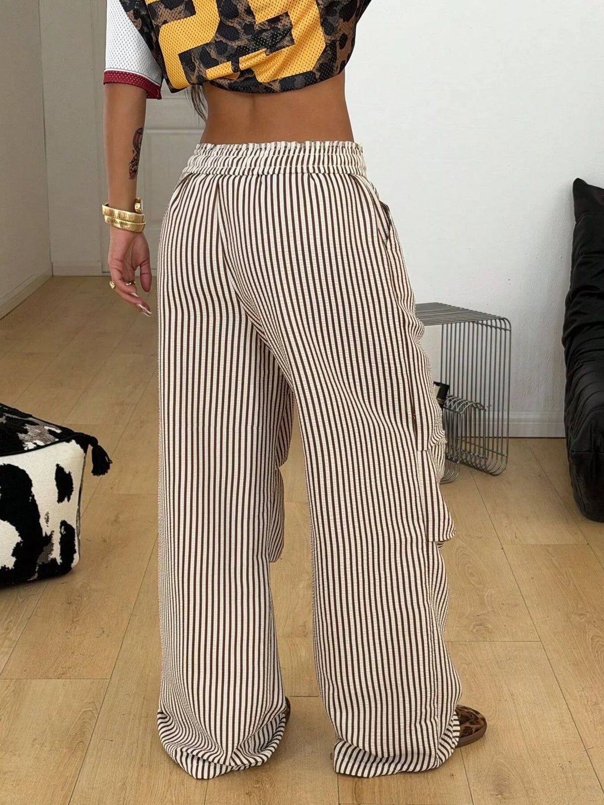 High-Waisted Striped Wide-Leg Cargo Pants in Khaki