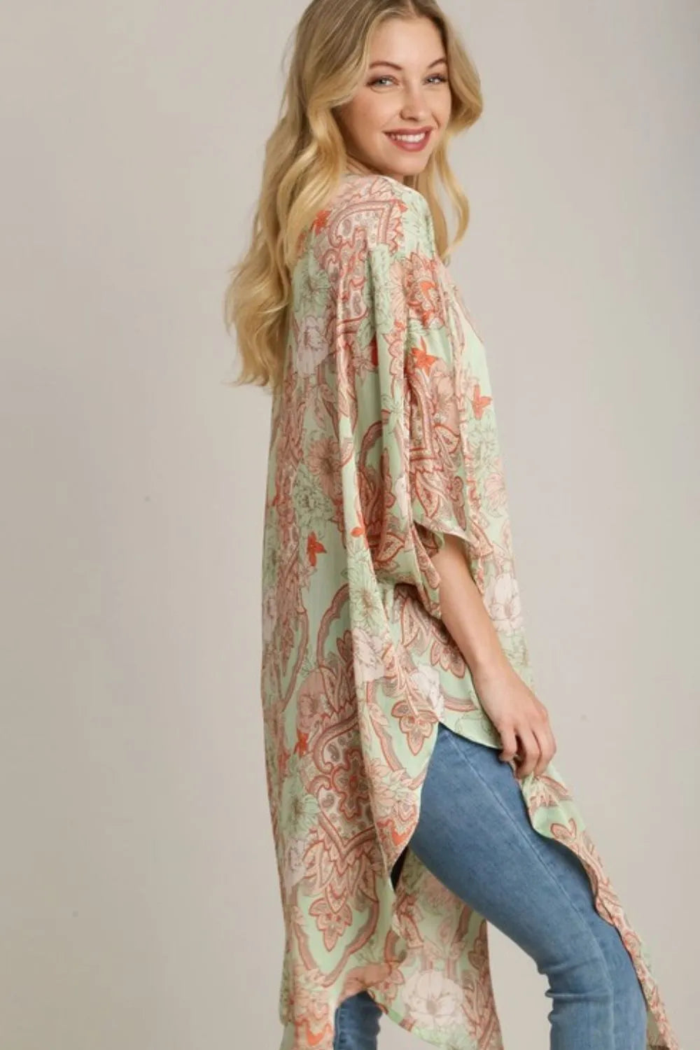 Umgee Open Front Kimono in Pistachio Mix
