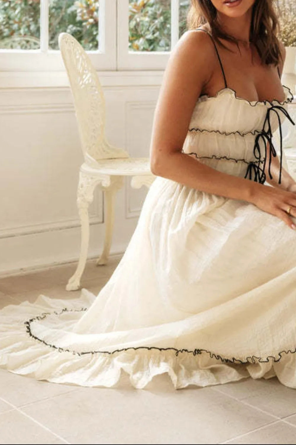 Frill Lace-Up Midi Cami Dress