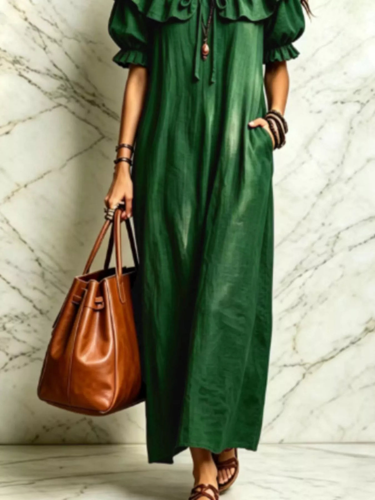 Puff Sleeve Ruffle Trim Maxi Dress