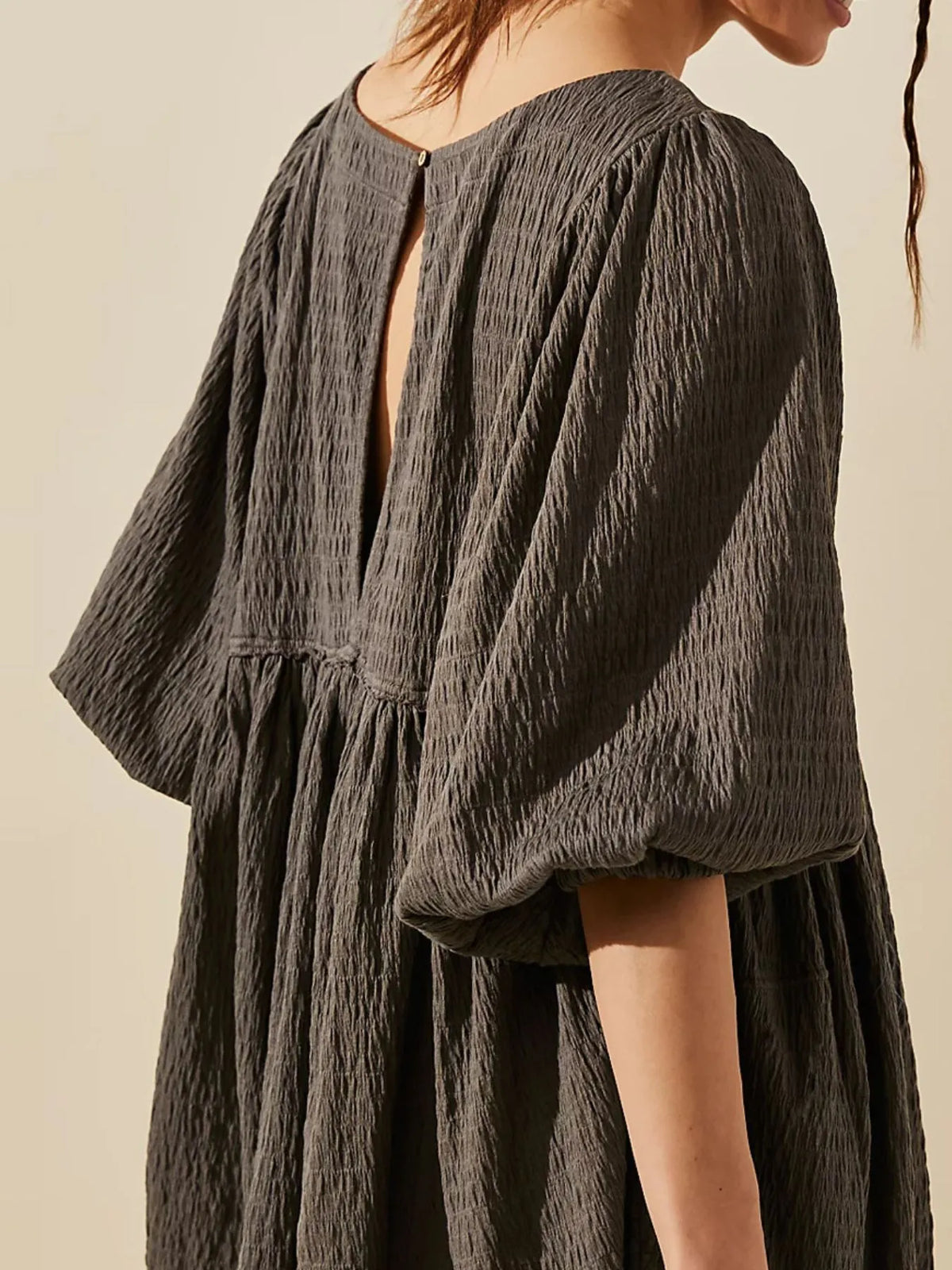 Relaxed Textured Babydoll Mini Dress with Keyhole Back
