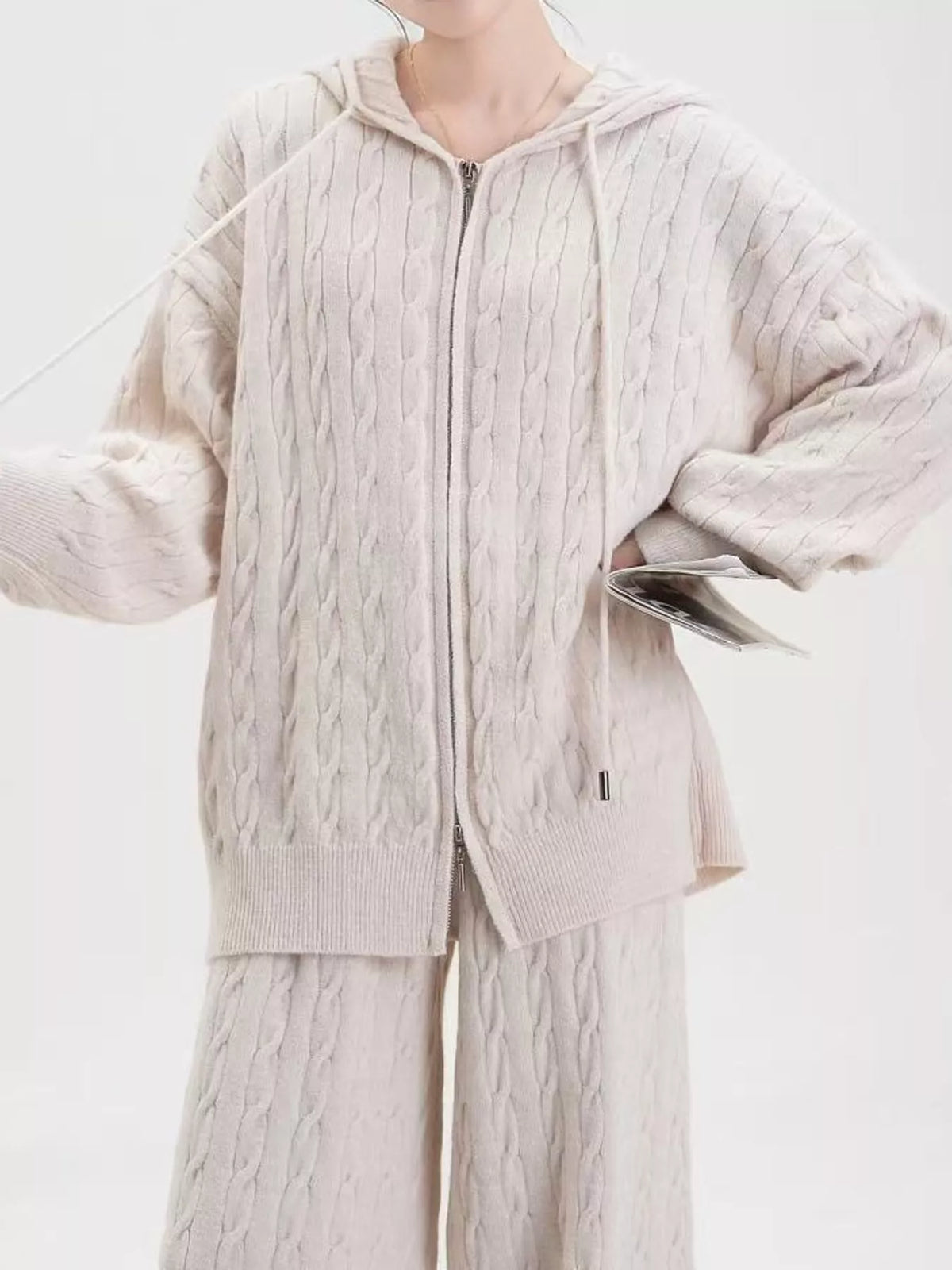 Cable Knit Zip-Up Hooded Cardigan and Wide-Leg Pants Set