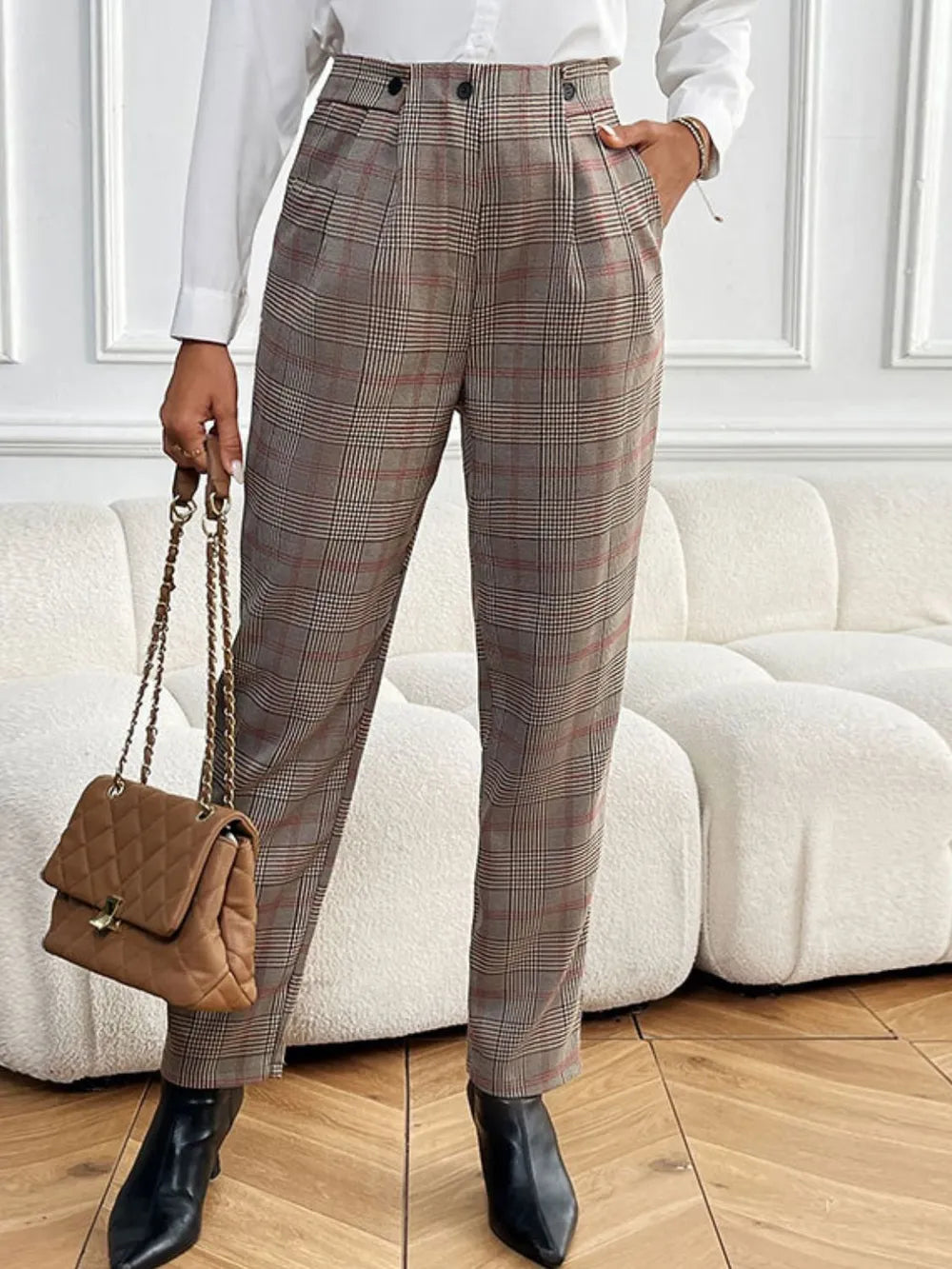 Plaid Straight Pants in Taupe