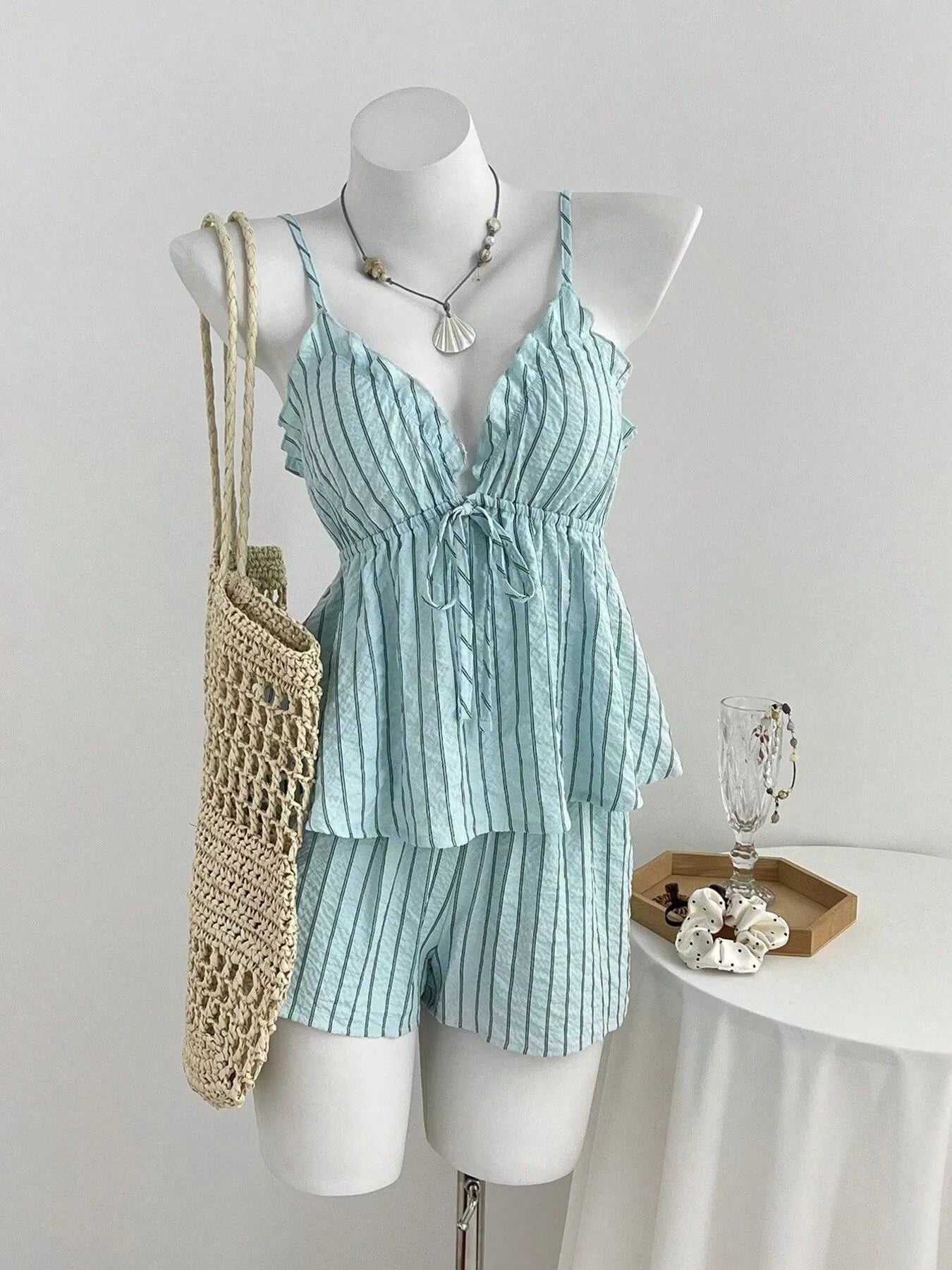 Tie Front Striped Cami and Shorts Set in Blue