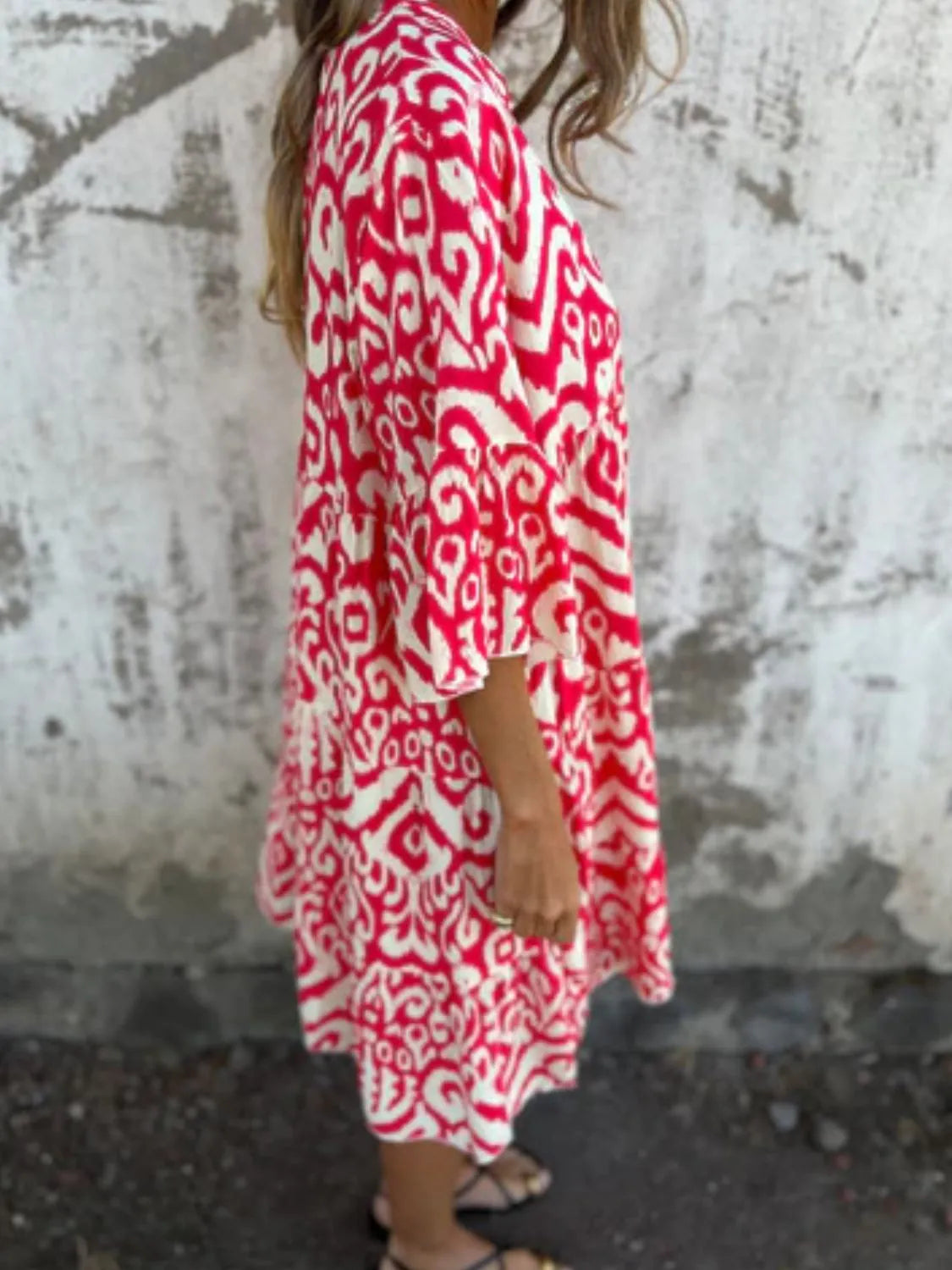 Notched Half Sleeve Printed Plus Size Dress