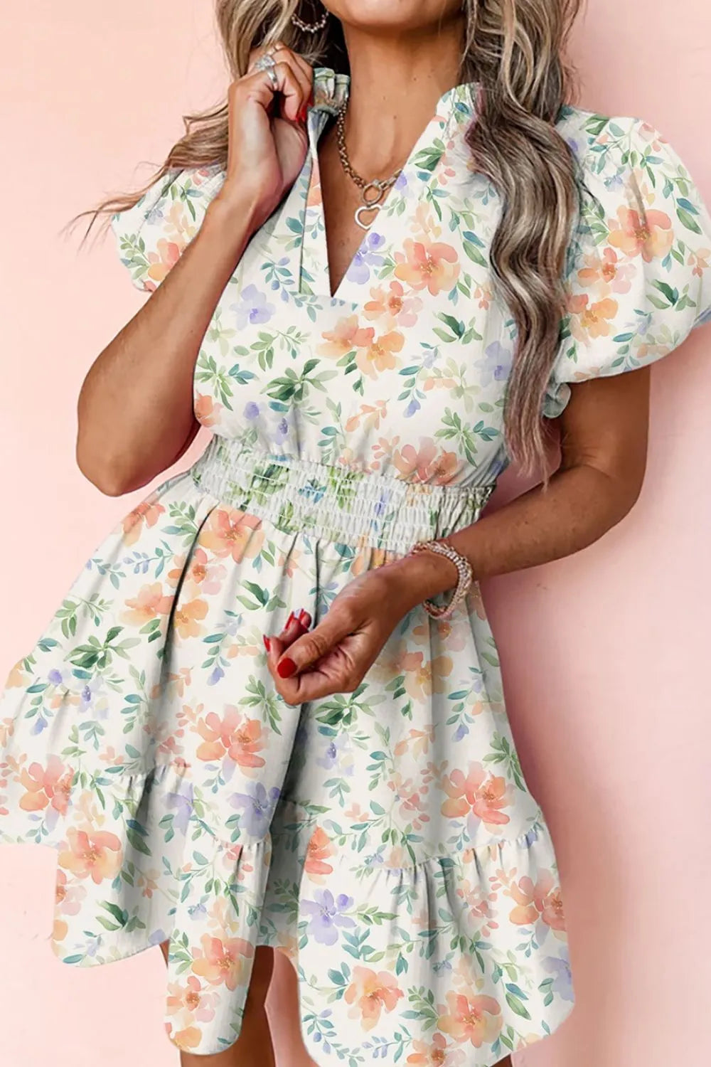 Notched Puff Sleeve Dress in Floral