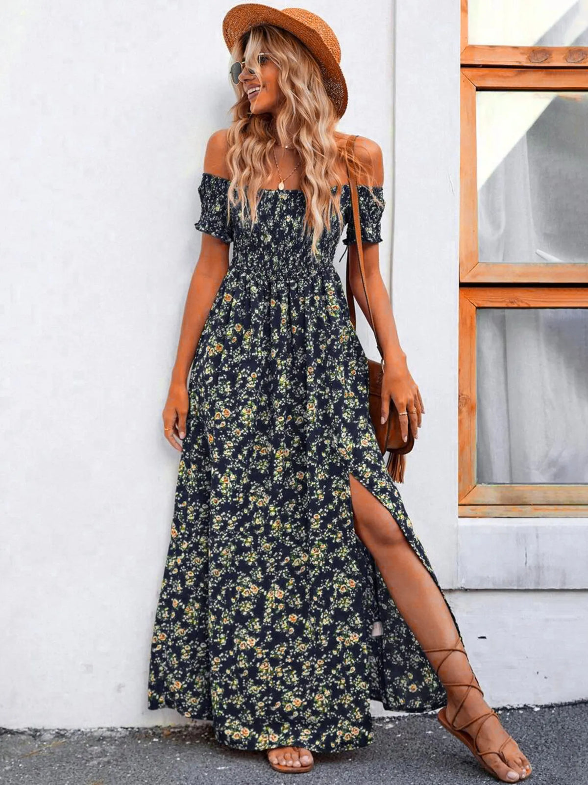 Off-Shoulder Smocked Floral Midi Dress