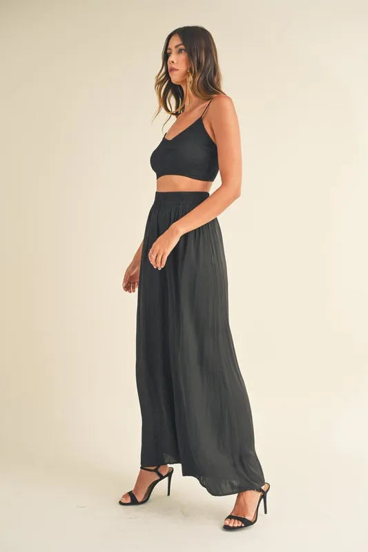 Smocked Bralette Top and Wide Leg Pants Set in Black