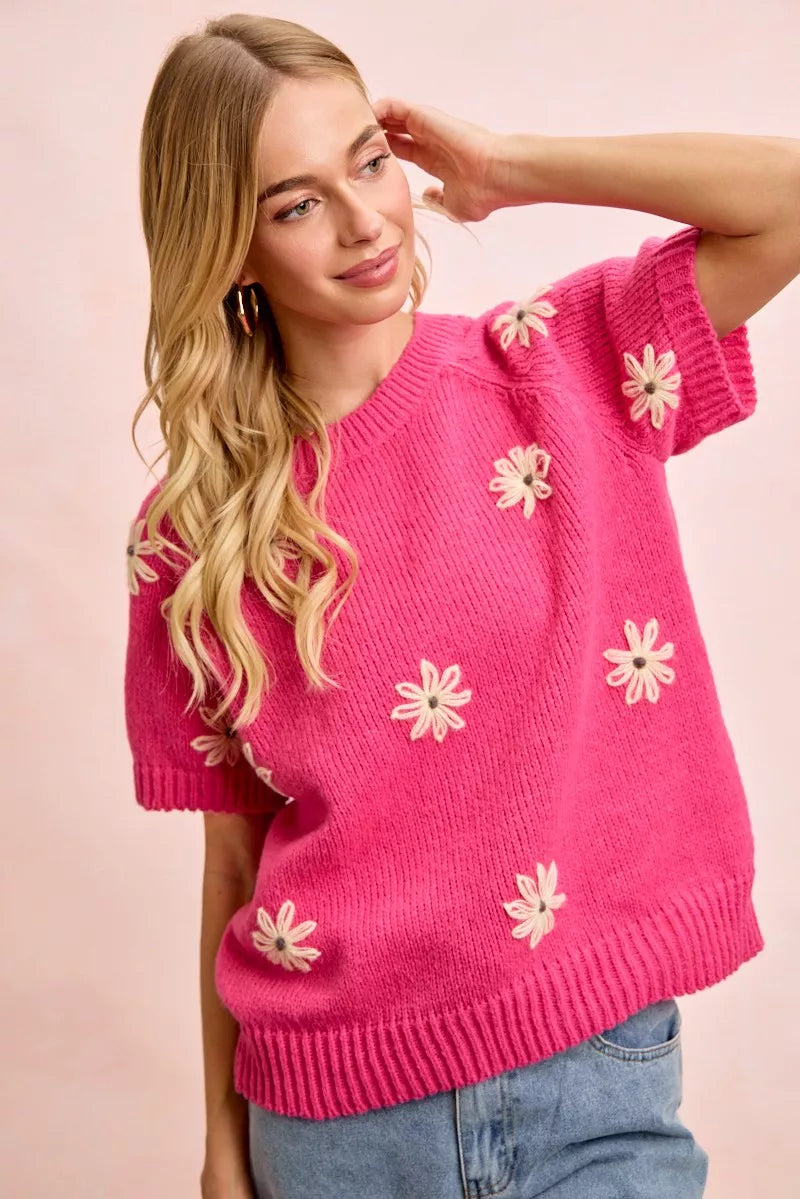 Fuchsia Lemon Flower Embroidered Knit Top in Fuchsia/Lemon by BiBi