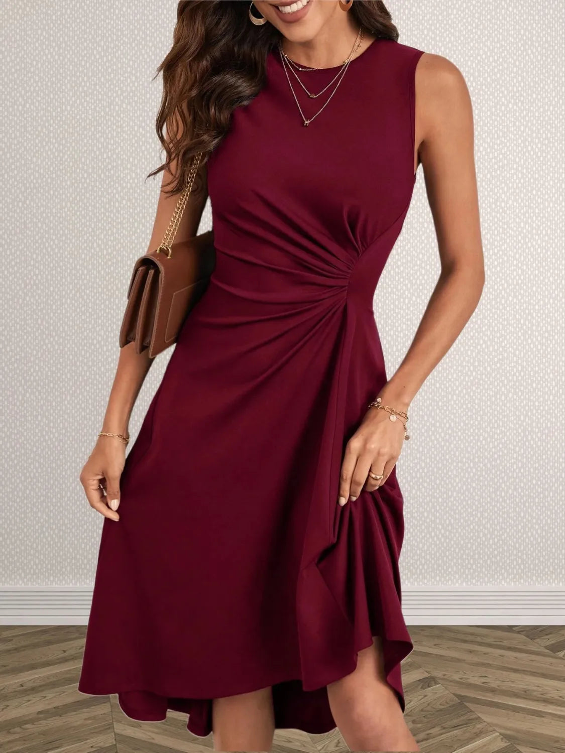 Ruched Round Neck High-Low Dress