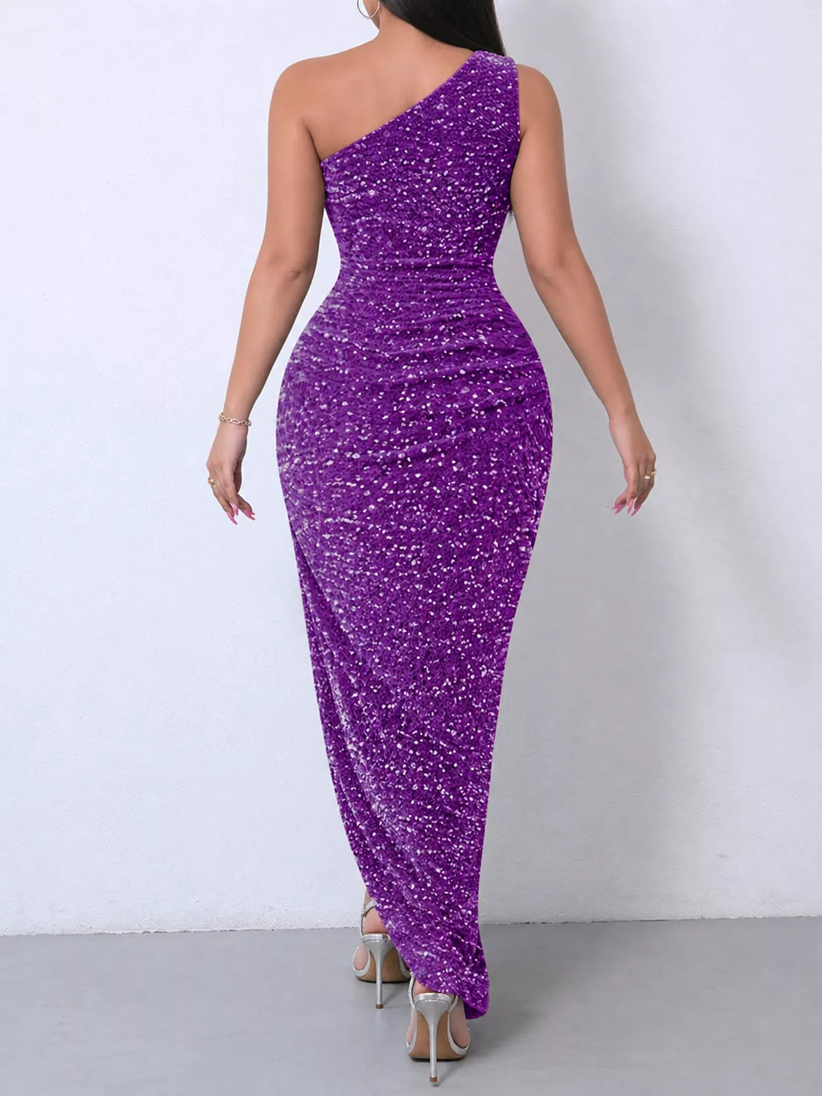 One-Shoulder Sequin High-Slit Evening Dress