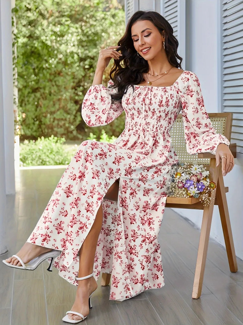 Smocked Floral Square Neck Midi Dress