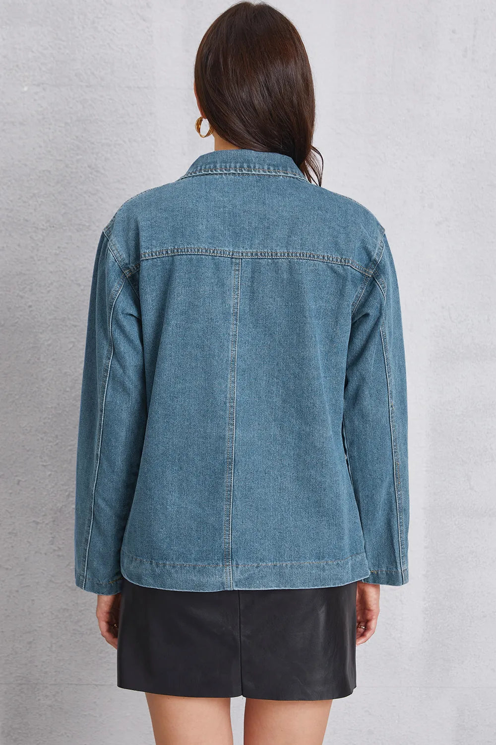 Long Sleeve Pocketed Denim Jacket in Medium Wash by Y.Y@Denim