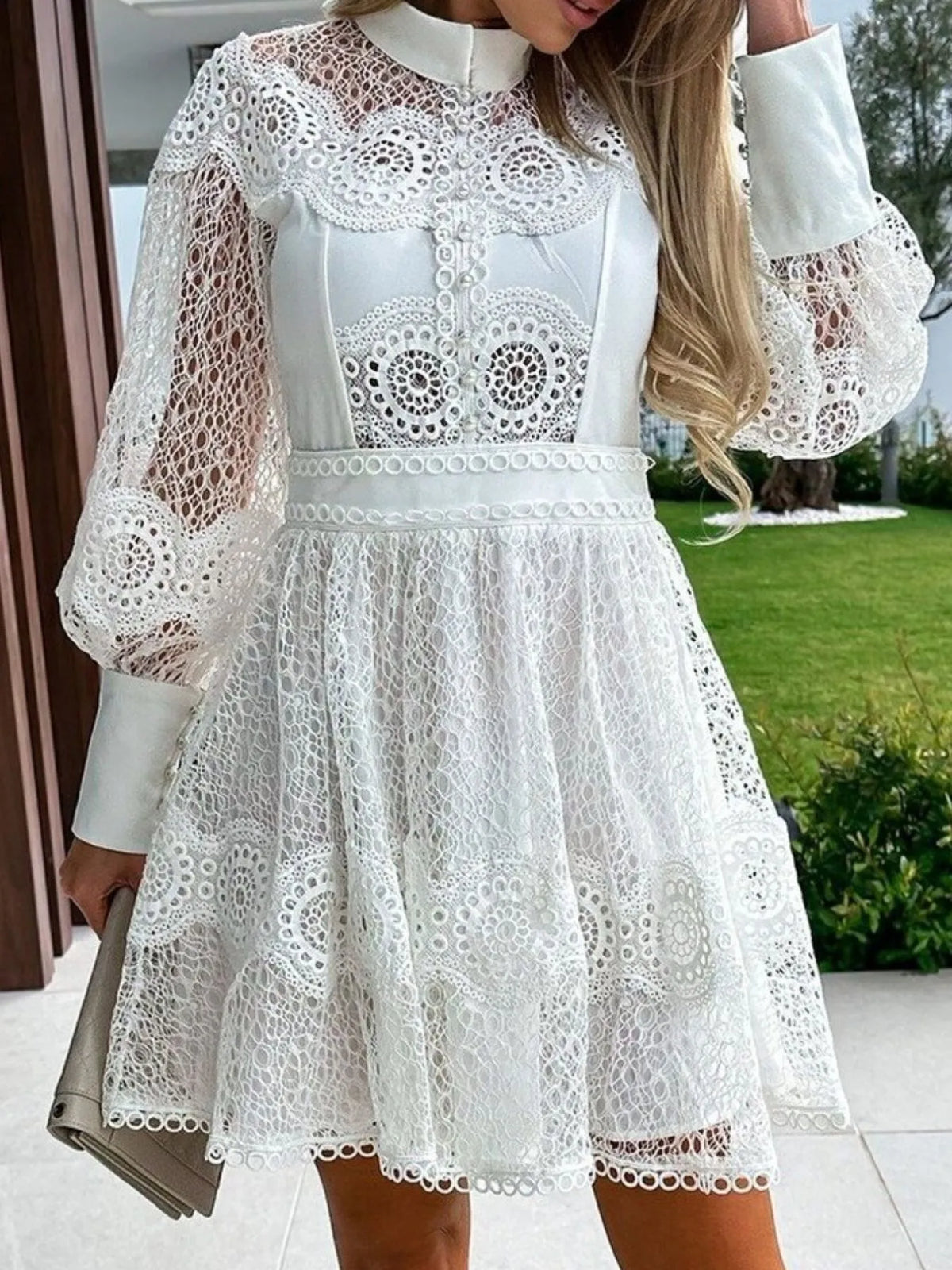 Lace Lantern Sleeve Mini Dress