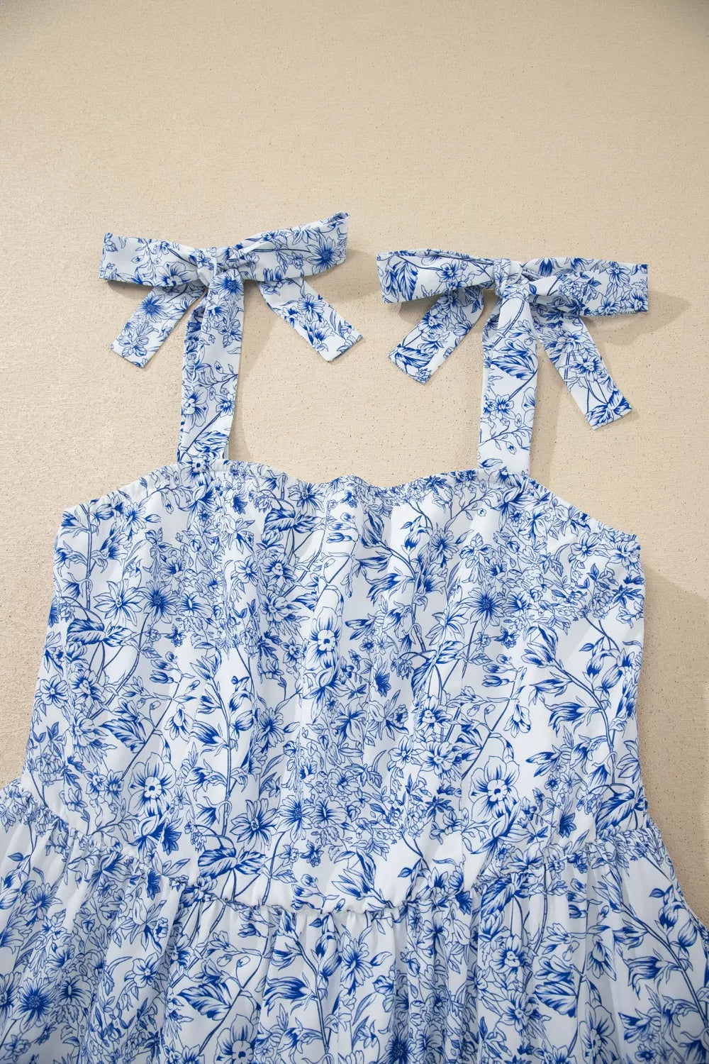 Floral Print Knot-Strap High-Waist Maxi Dress in Light Blue
