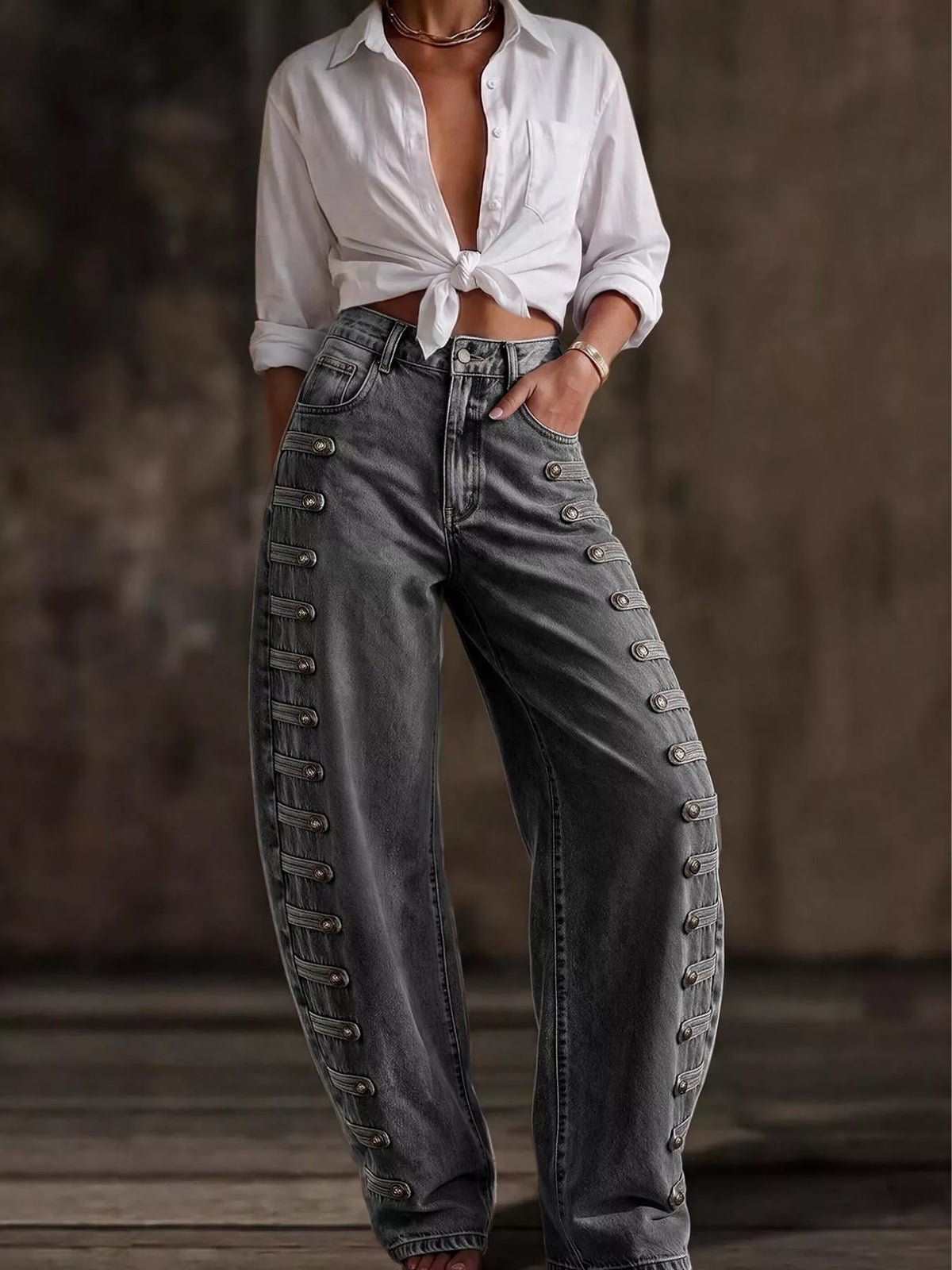 Decorative Button Wide Leg Jeans