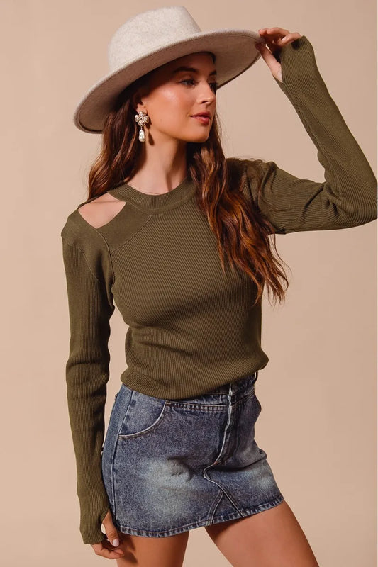 Ilussa Rib Knit Top with Shoulder Cut Out in Olive