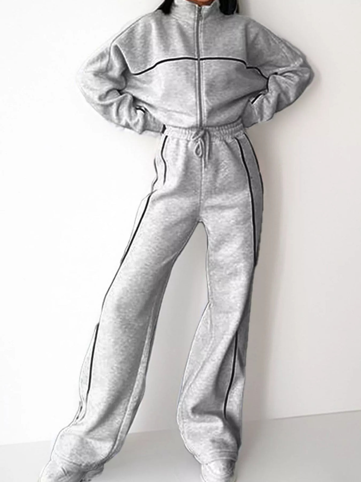 Zip-Up Jacket and Wide-Leg Pants Set in Black