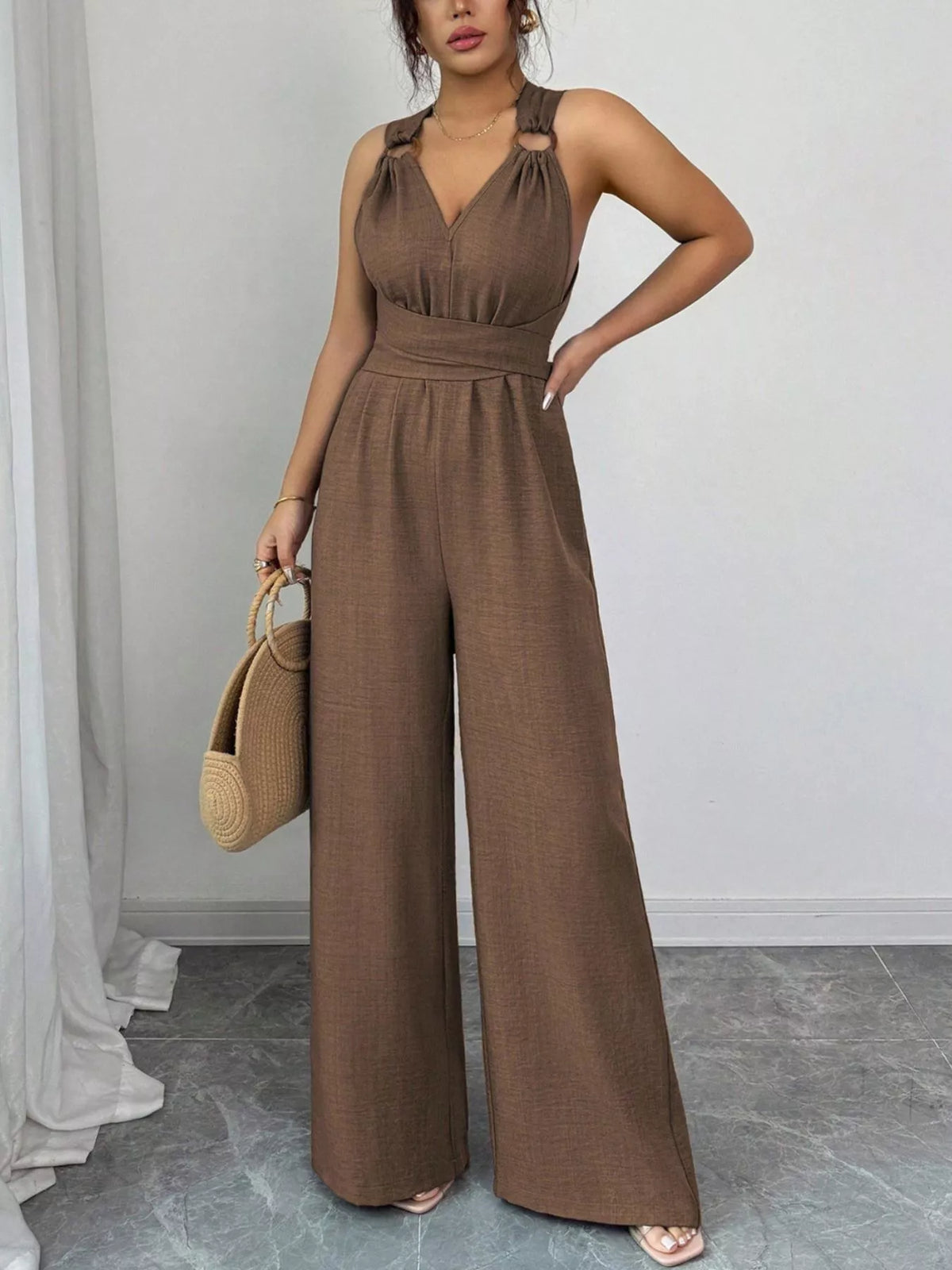 Sleeveless V-Neck Wide-Leg Jumpsuit with O-Ring Detail