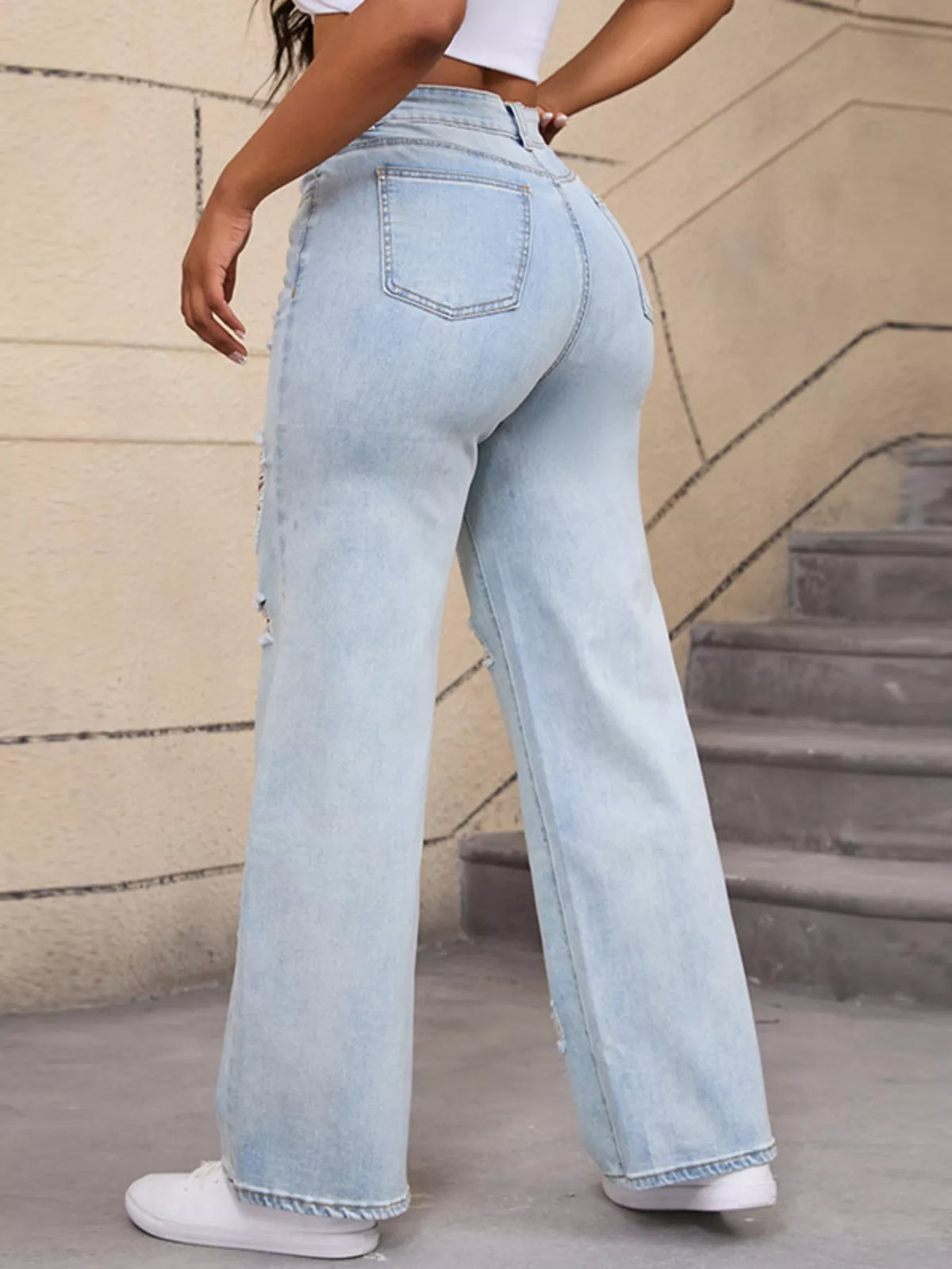 Distressed Wide Leg Jeans with Cat's Whisker Detail