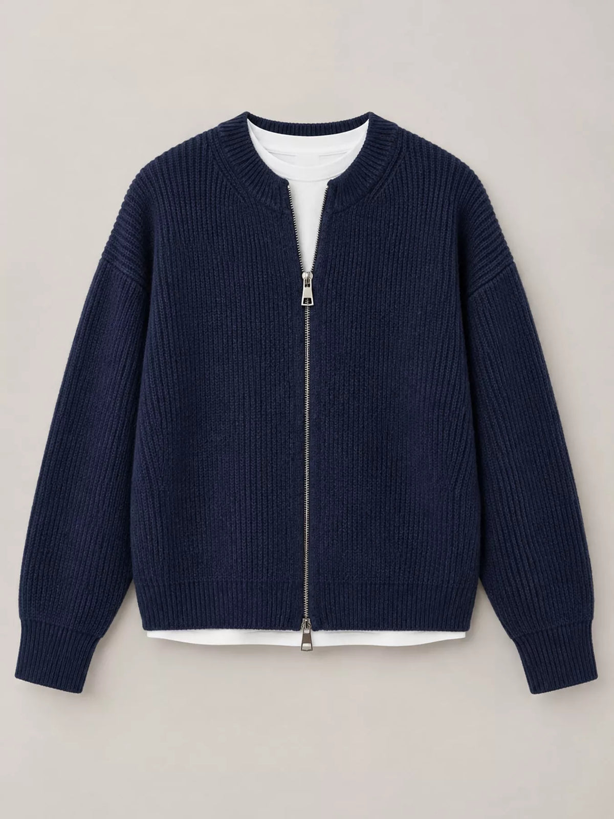 Zip-Up Dropped Shoulder Ribbed Cardigan