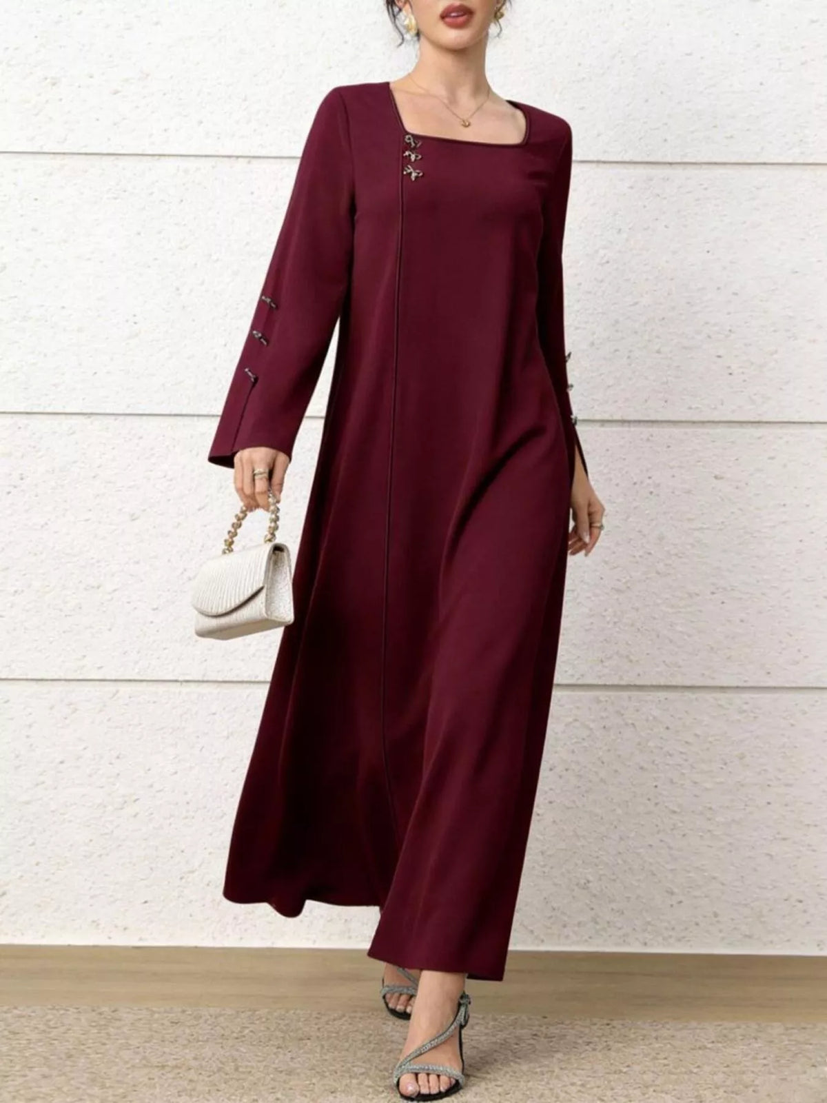 Square Neck Flare Sleeve Maxi Dress in Burgundy
