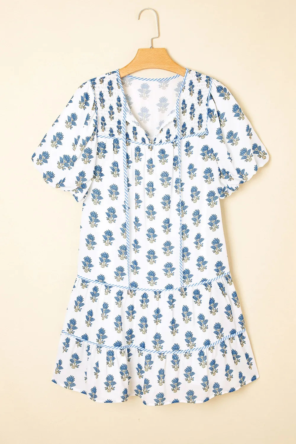 Floral Puff Sleeve Mini Dress in Dusty Blue