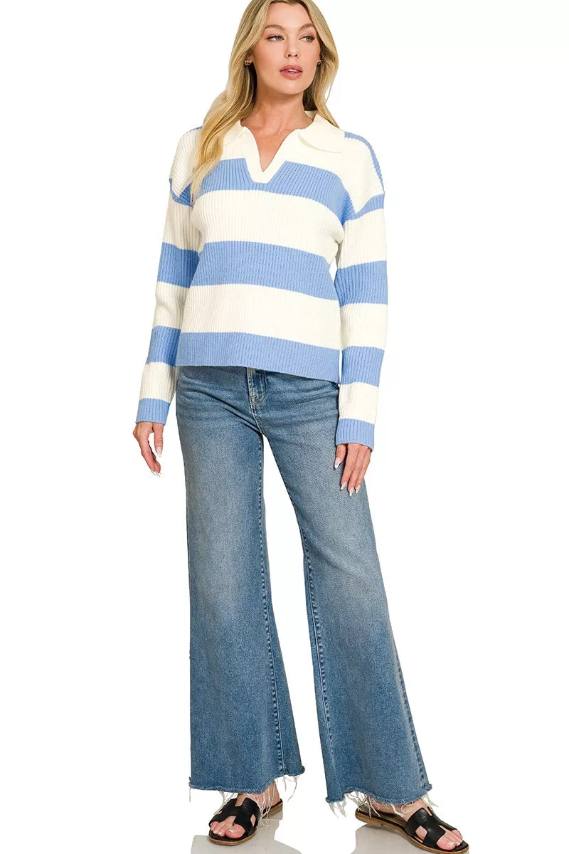 Zenana Oversized Striped Collared Sweater in Cornflower Blue/Ivory