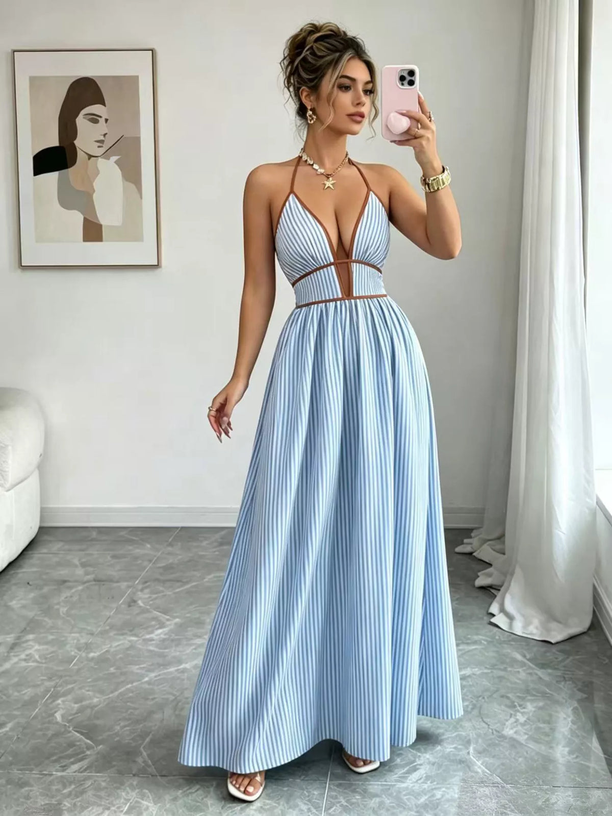 Striped Smocked Halter Neck Maxi Dress