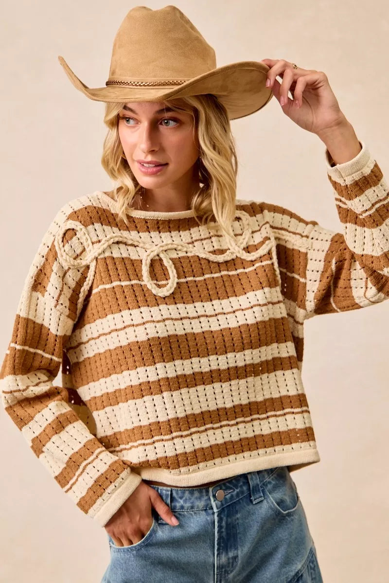 Striped Open-Knit Sweater Top in Brown by BiBi