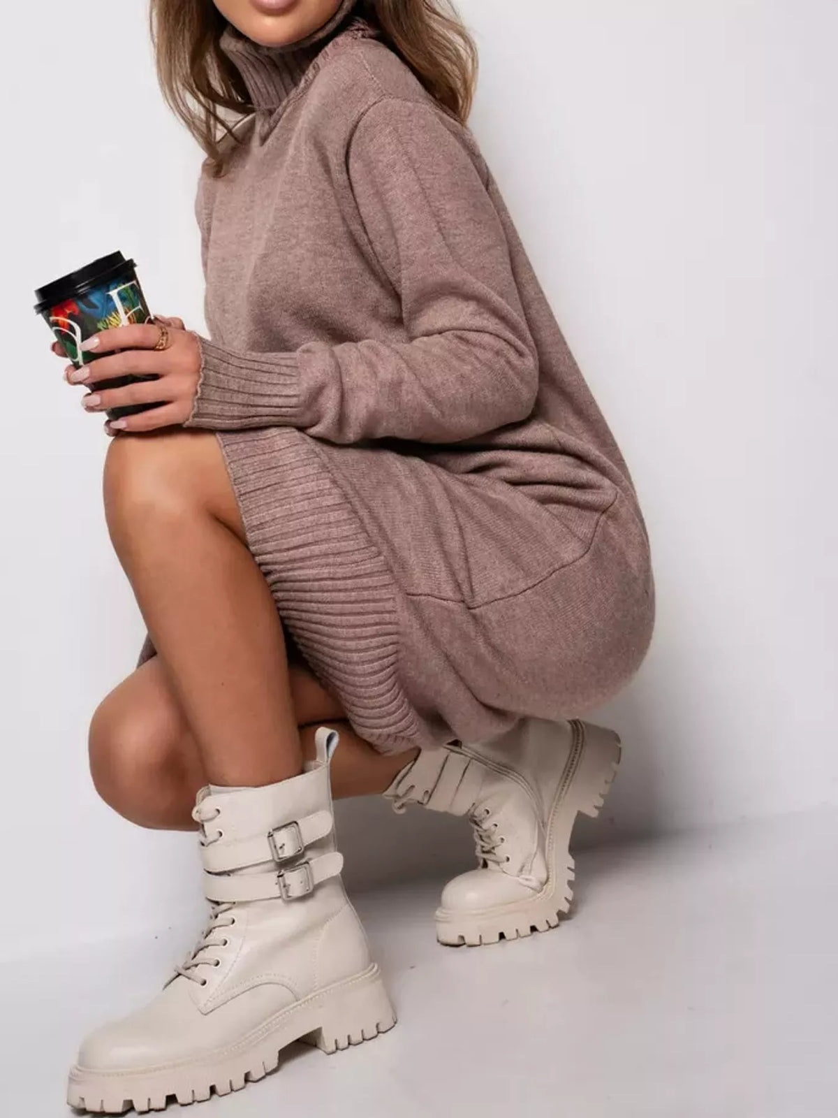 Relaxed Fit Turtleneck Ribbed Knit Sweater Dress
