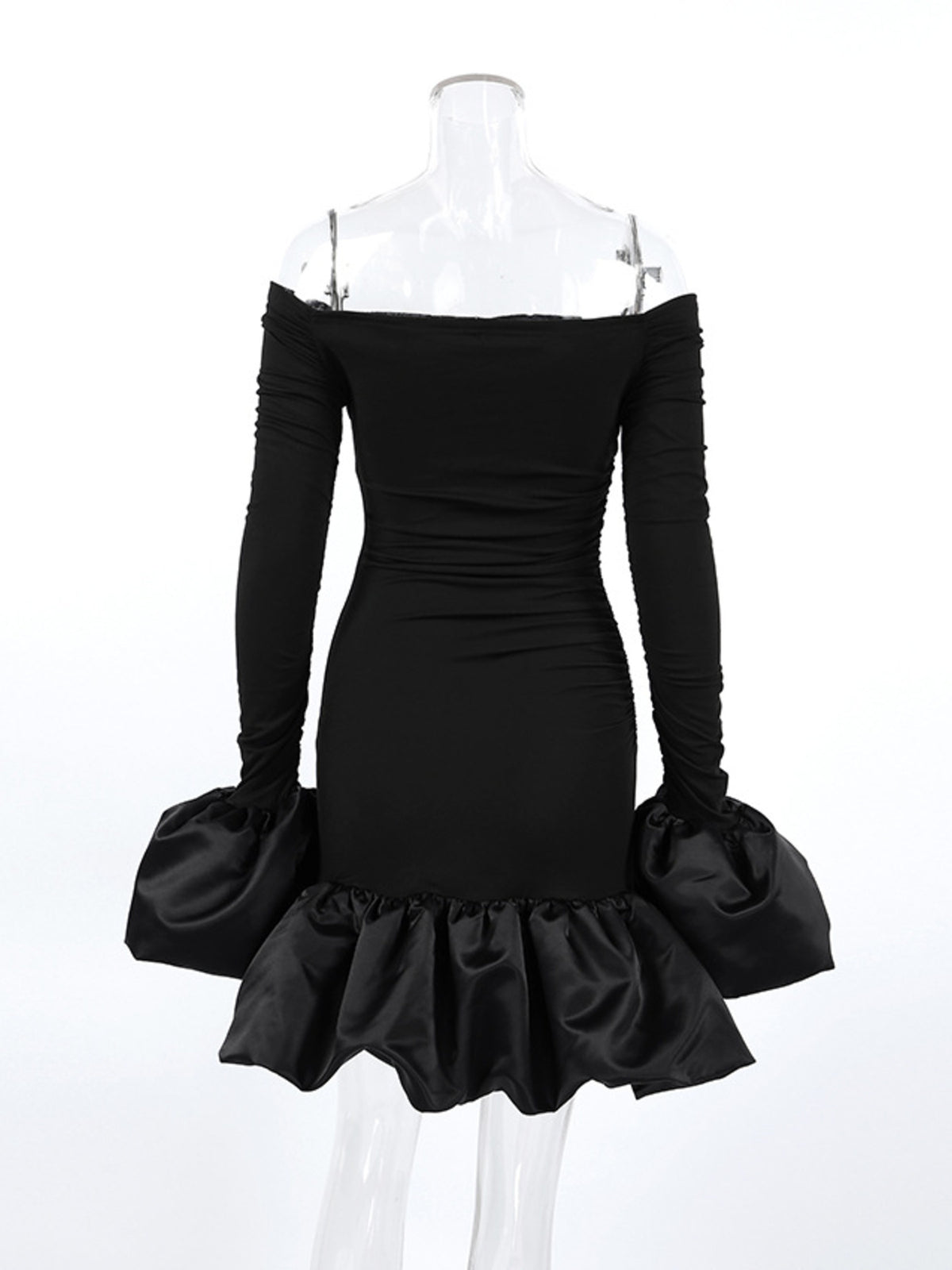 Off-Shoulder Ruffle Hem Mini Dress in Black
