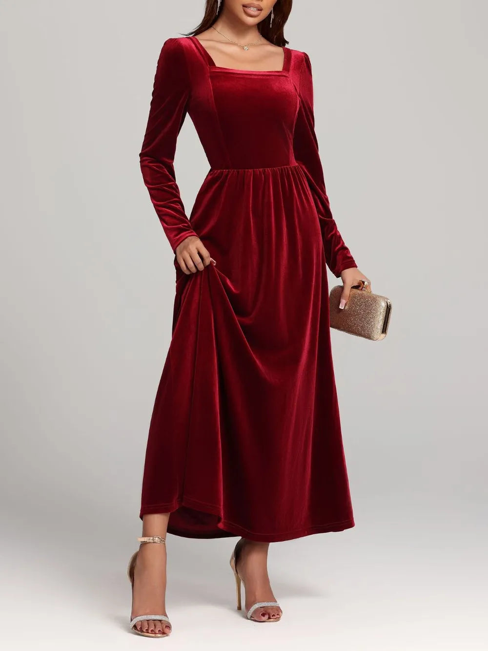 Velvet Square Neck Backless Dress