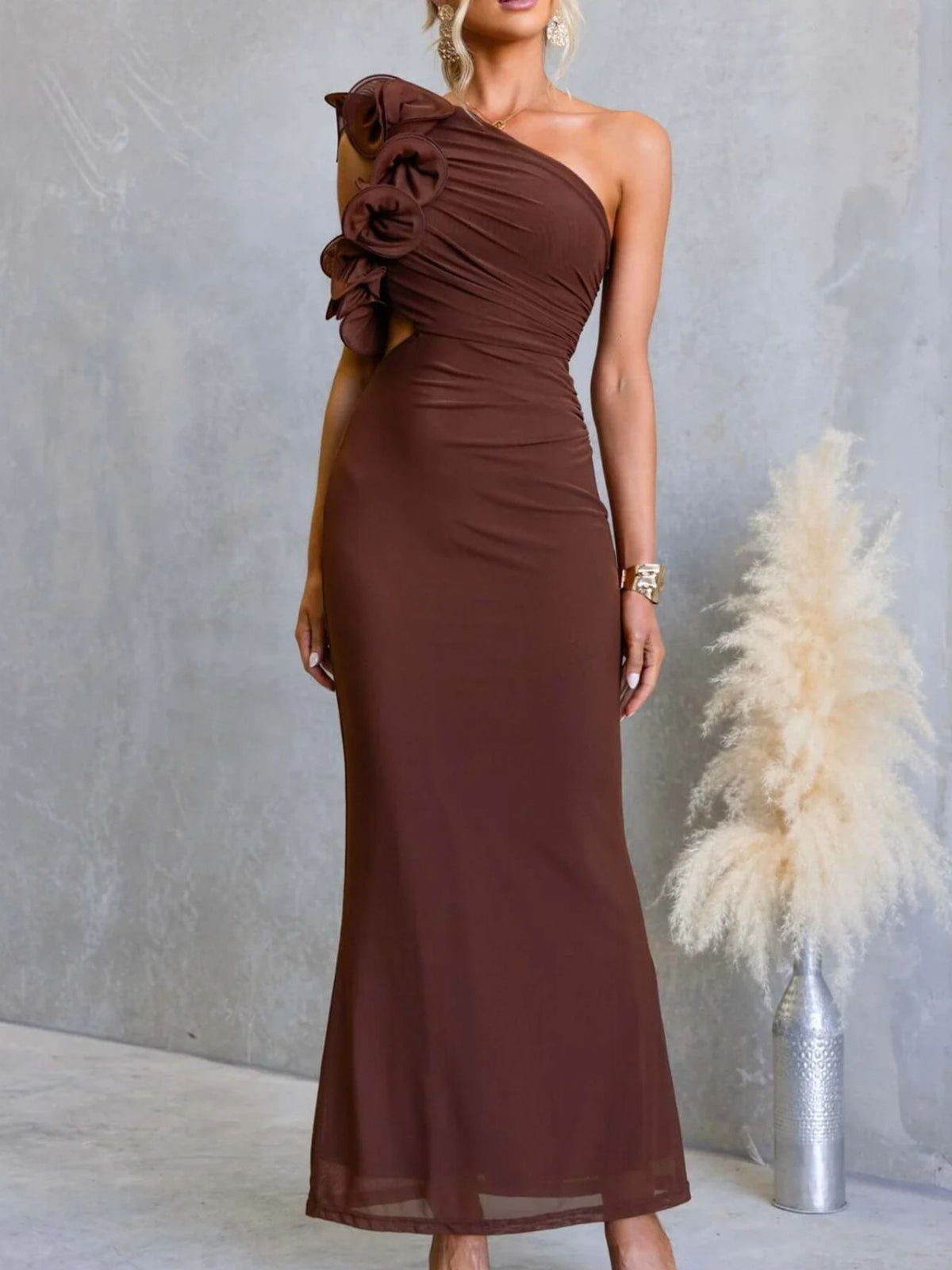 One-Shoulder Floral Trim Maxi Dress