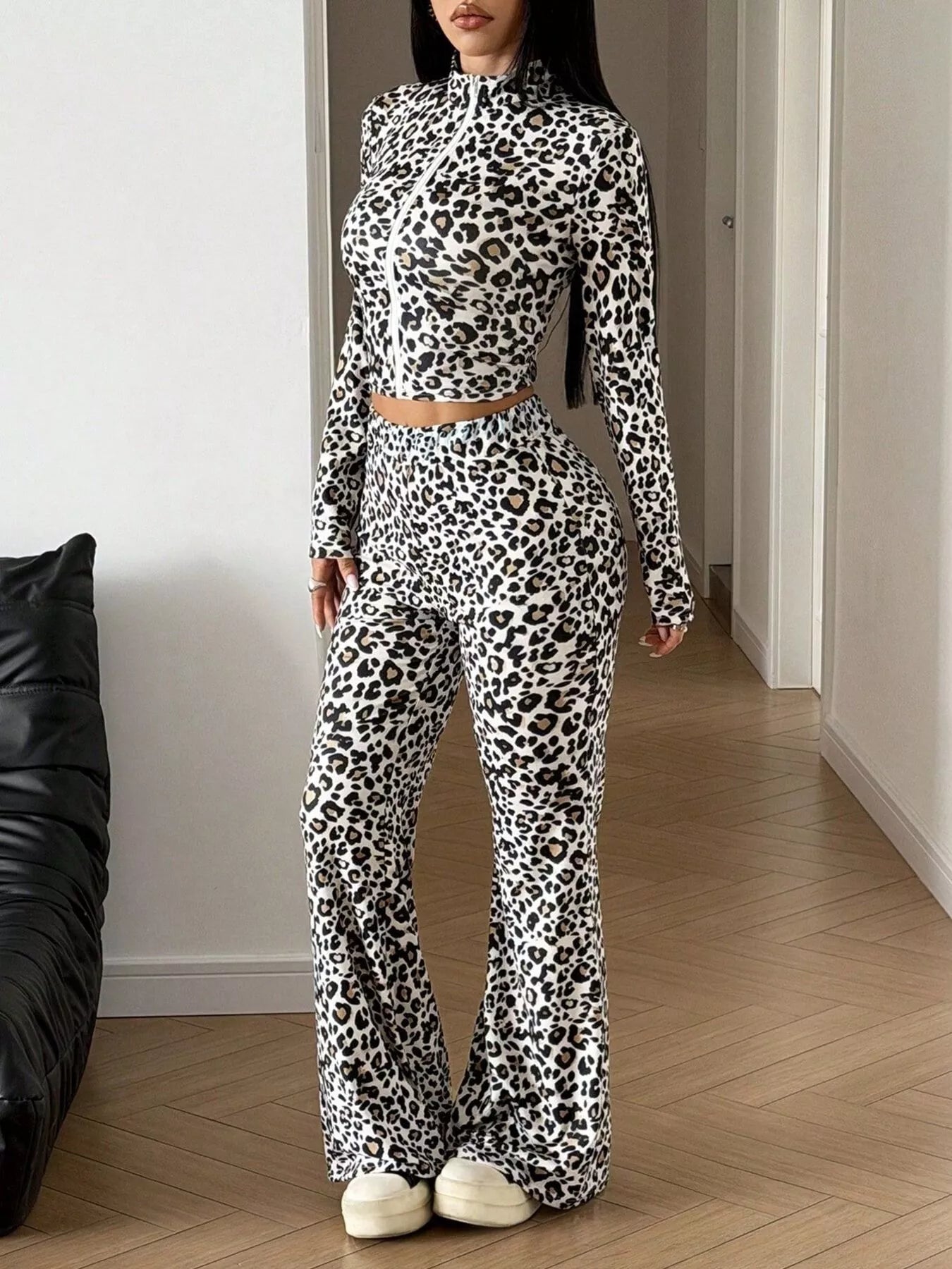Leopard Print Zip-Up Two-Piece Set in Gray