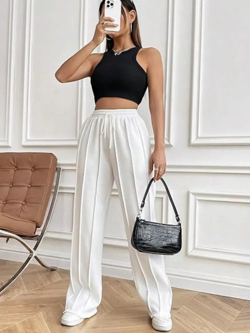 Drawstring Wide Leg Pants with Pockets by K&L