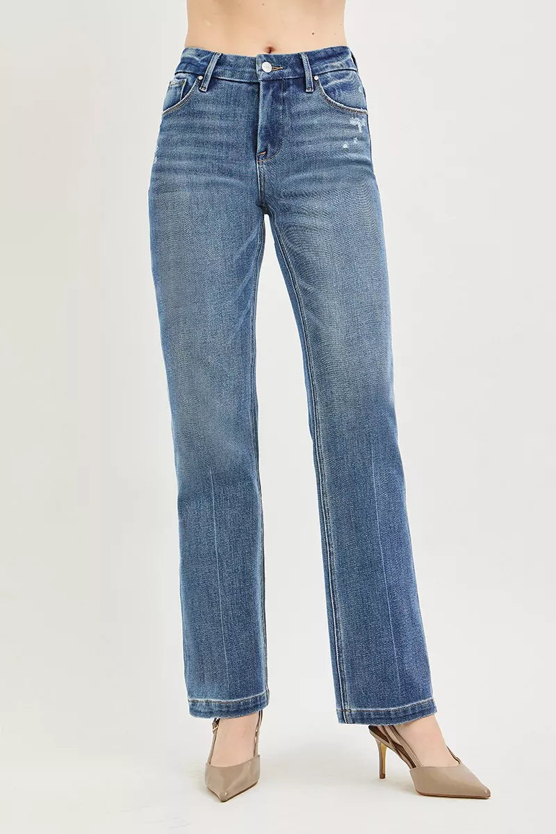 Risen Mid Rise Straight Leg Jeans in Medium Wash