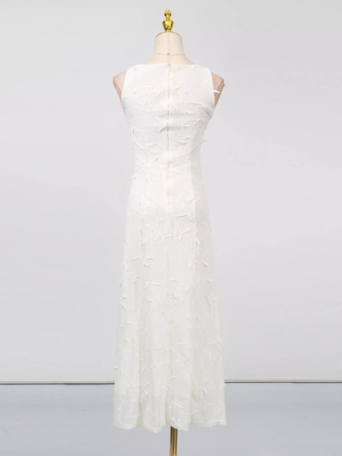 Sleeveless Floral Applique Midi Dress in Off-White