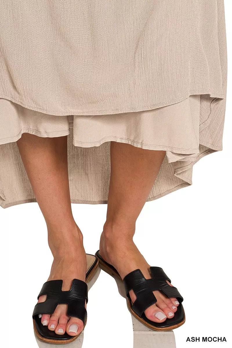 Zenana Woven Crinkle Strapless Maxi Dress in Ash Mocha