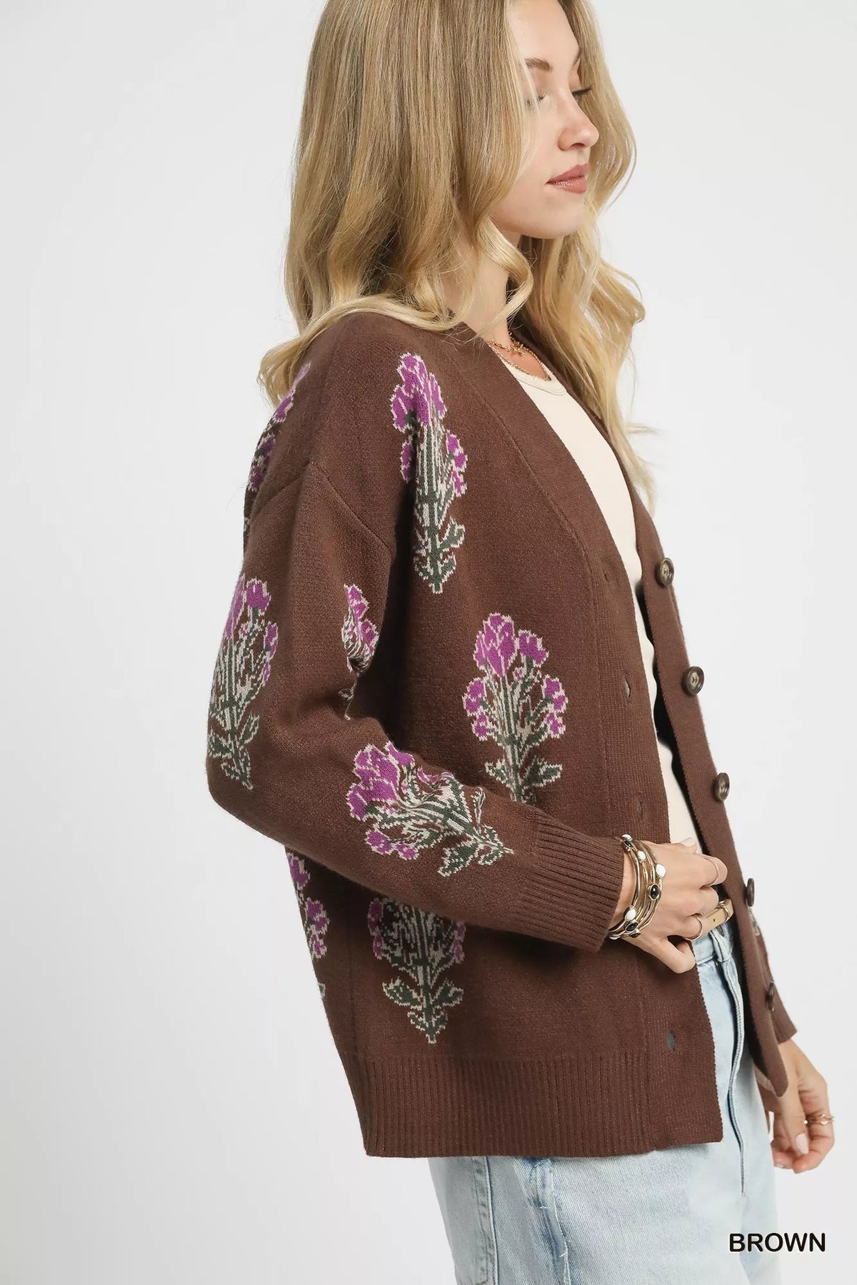Umgee Jacquard Flower Cardigan in Brown
