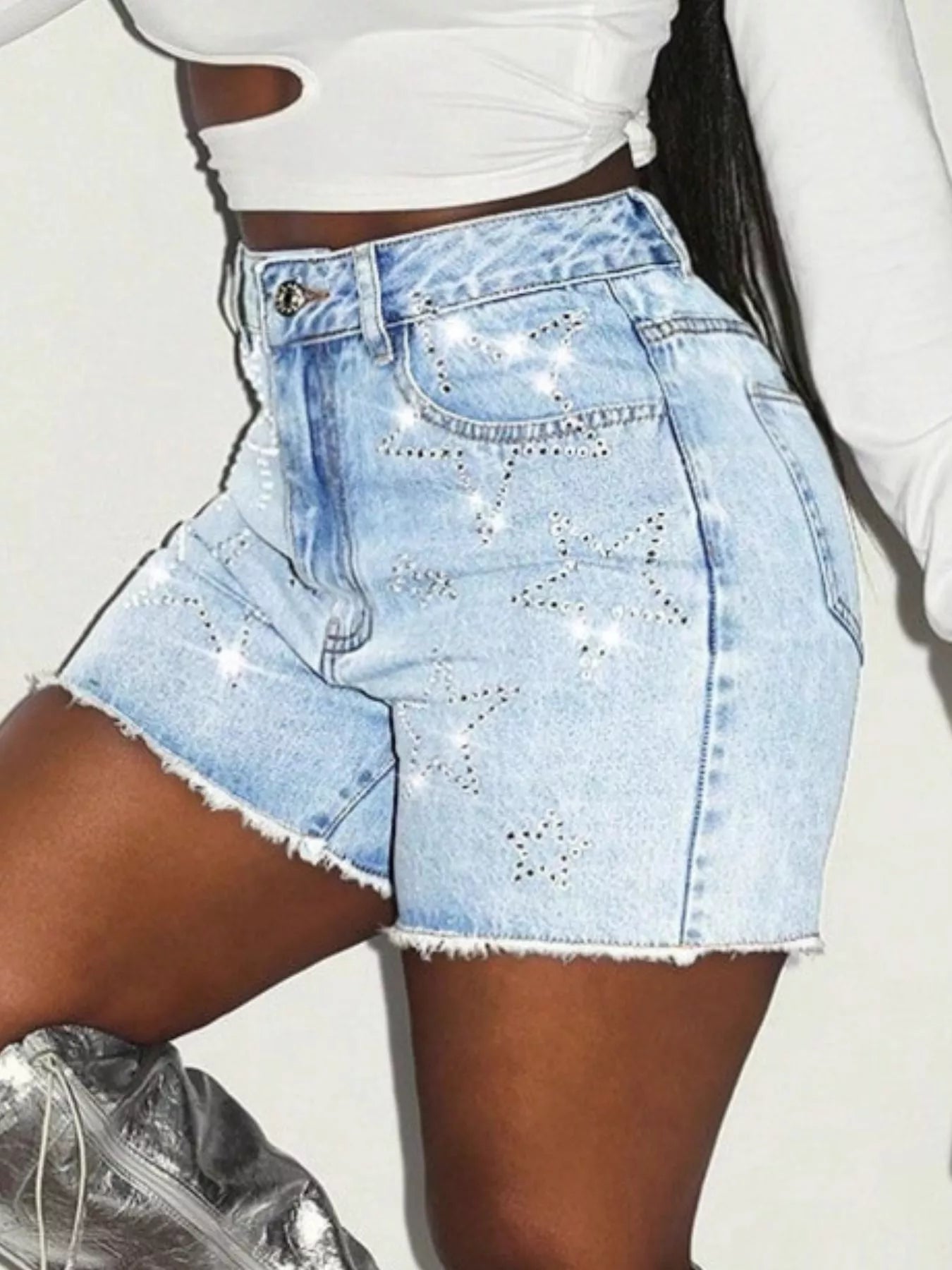 Star Raw Hem Denim Shorts in Blue