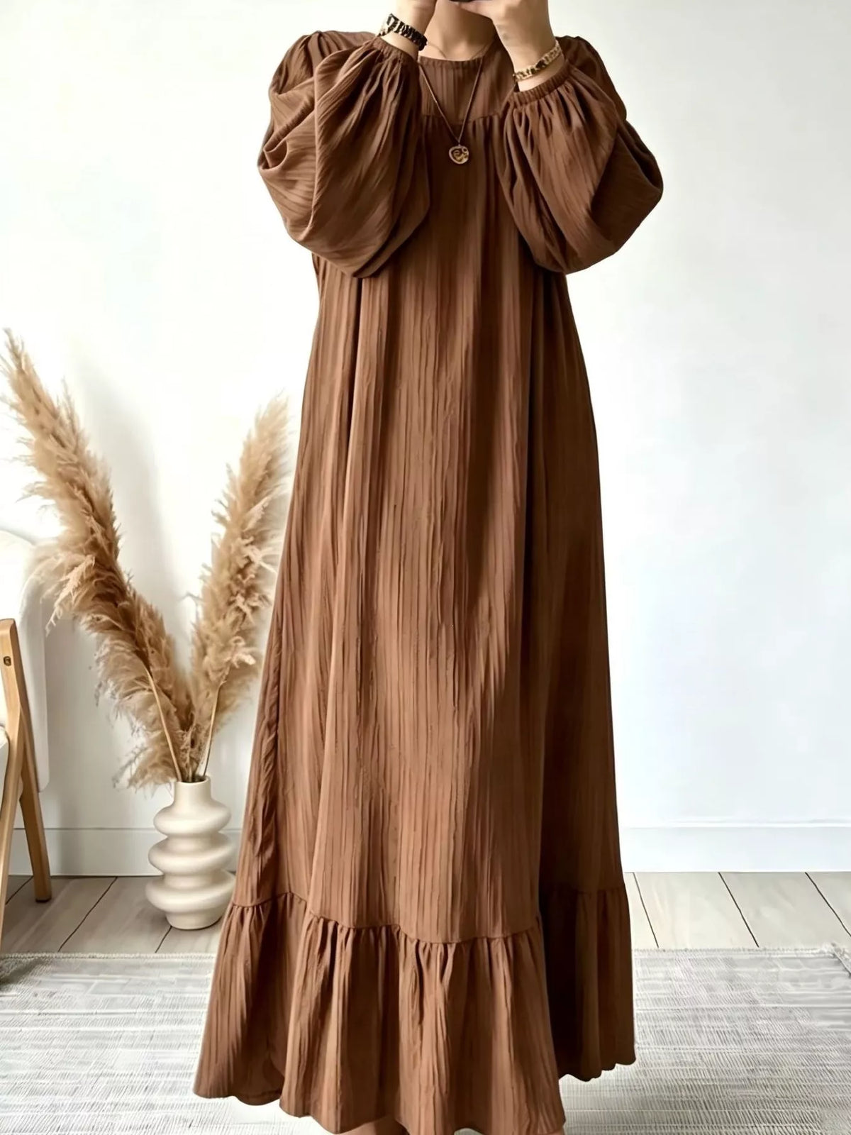 Textured Puff-Sleeve Maxi Dress