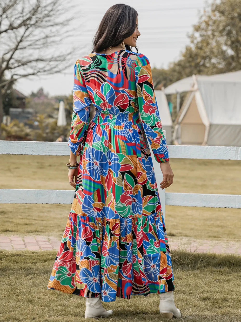 Multicolor Smocked Balloon Sleeve Maxi Dress