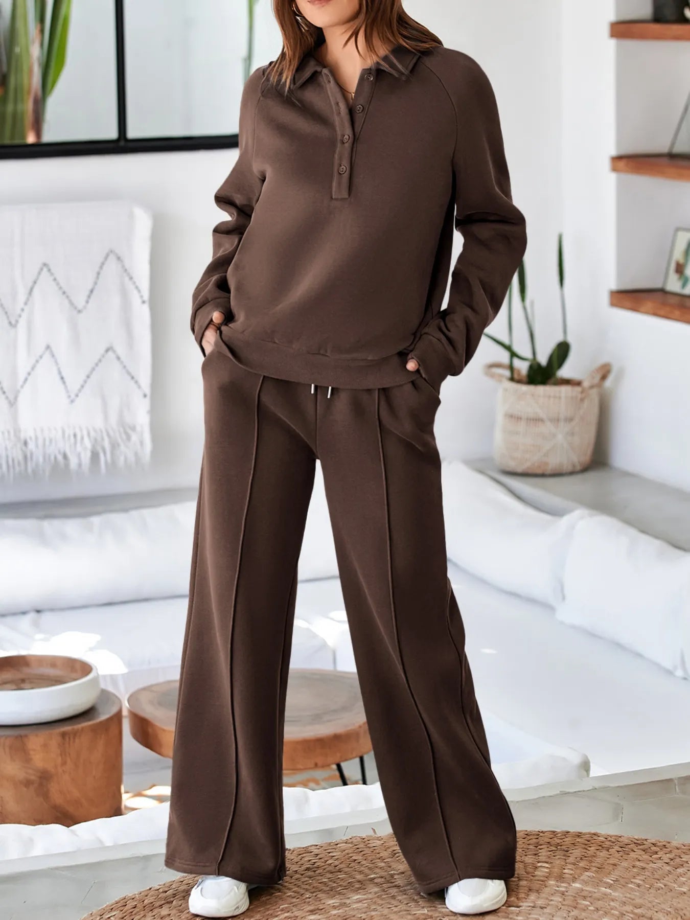 Collared Sweatshirt and High-Waist Pants Active Set