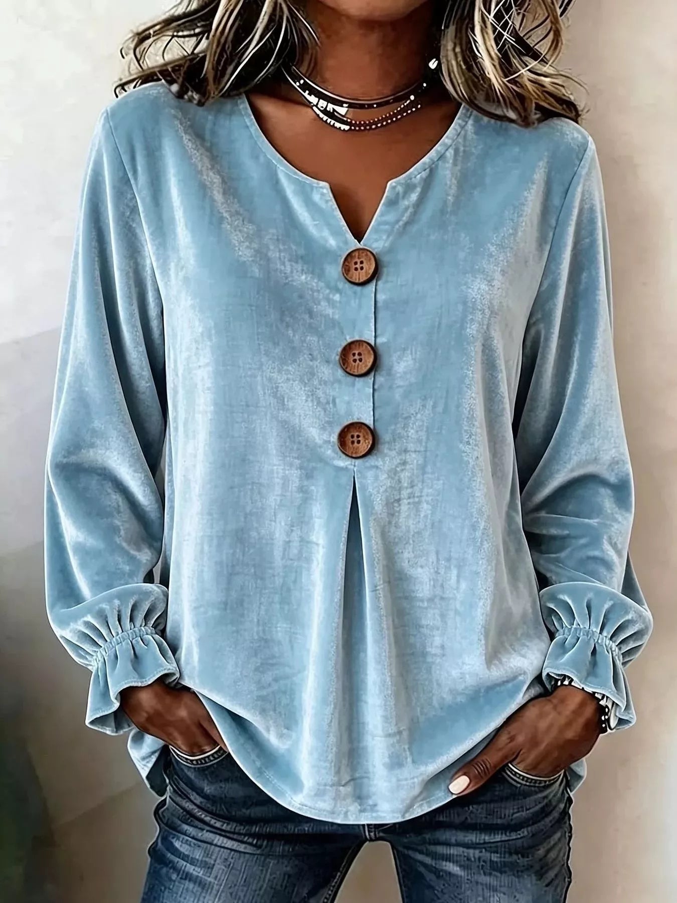 Velvet Button Decor Blouse with Ruffled Cuffs