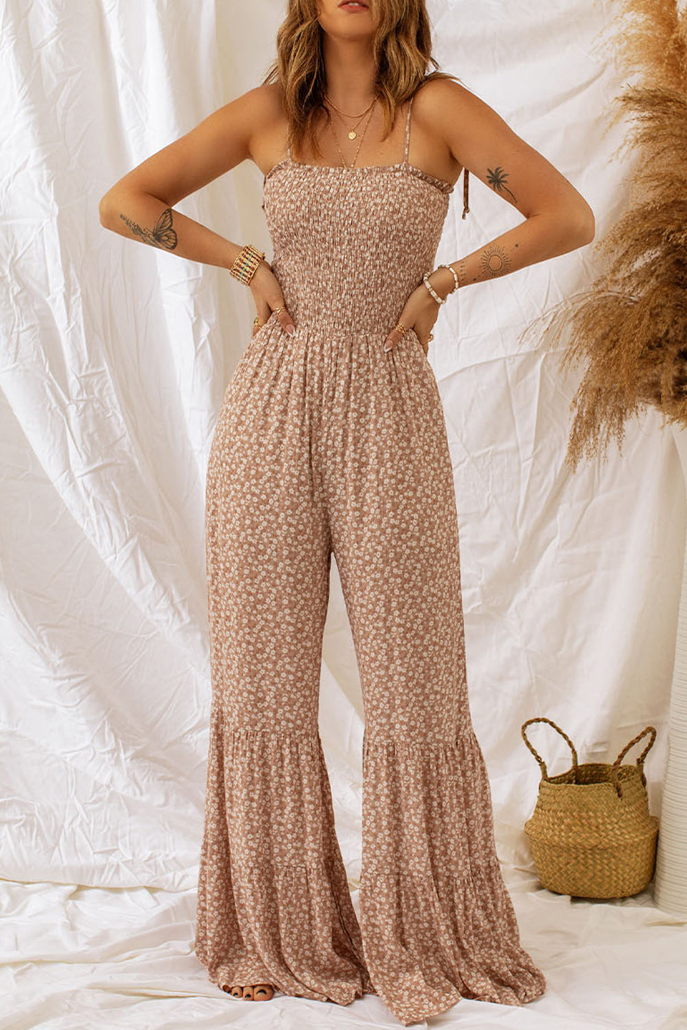 Floral Smocked Wide Leg Jumpsuit in Camel