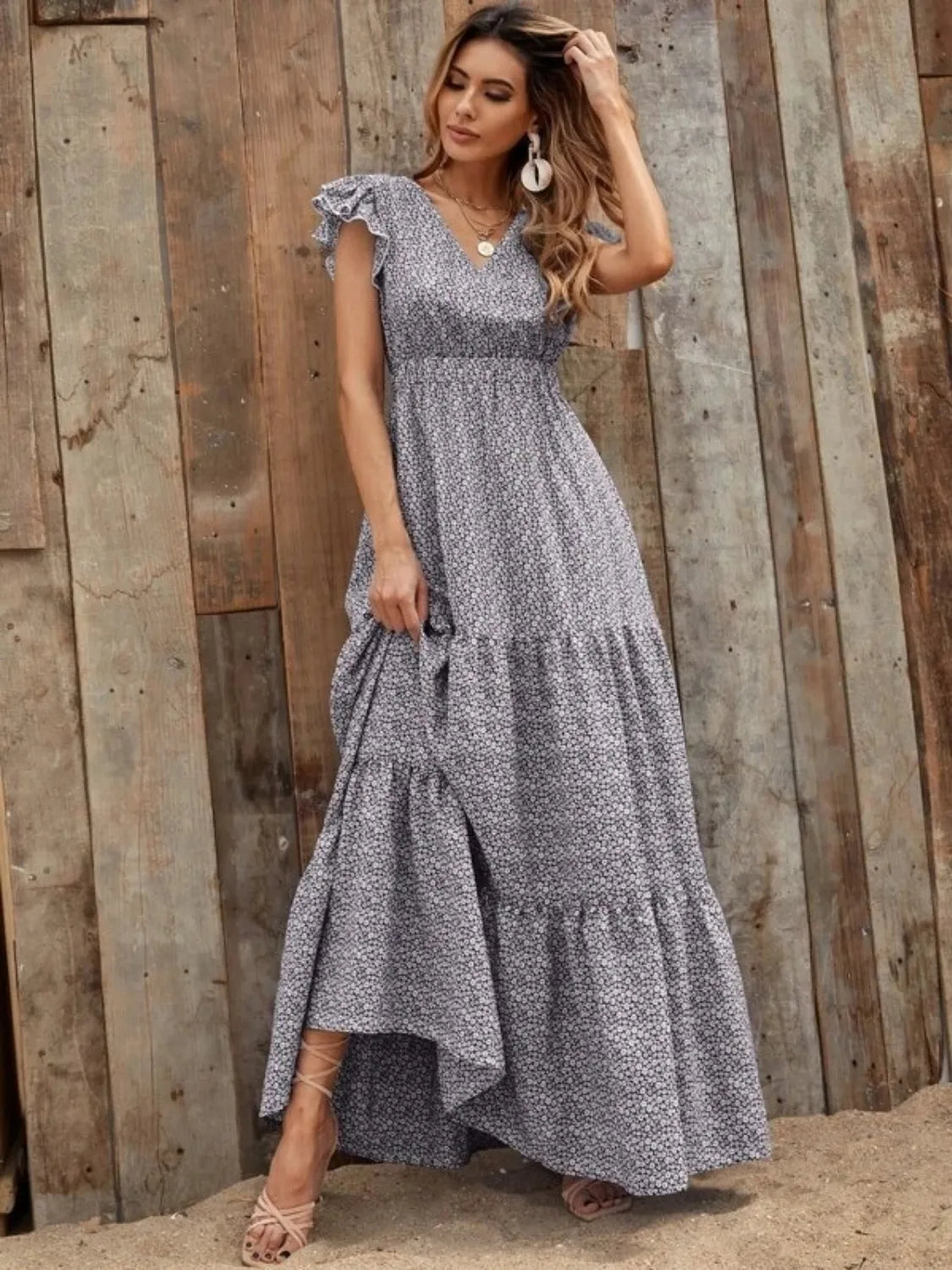 Ruffled Cap Sleeve V-Neck Maxi Dress