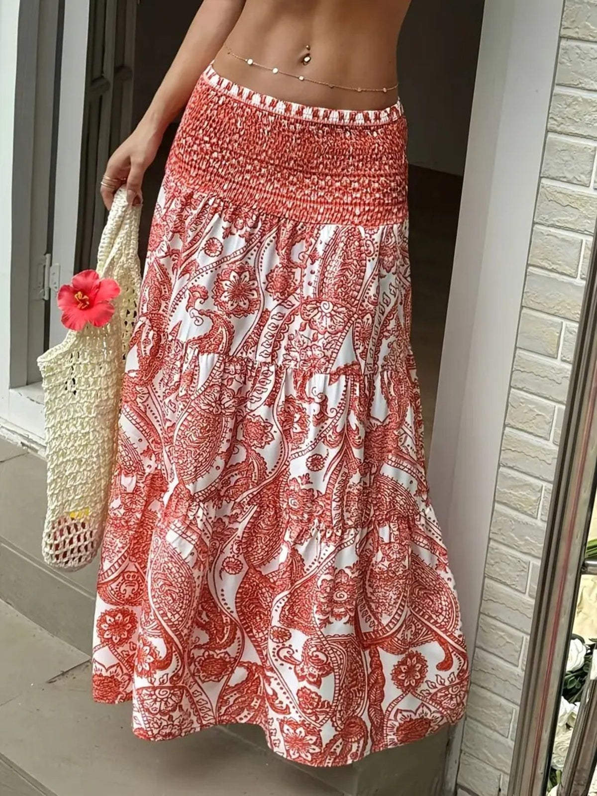 Smocked Paisley Print Maxi Skirt